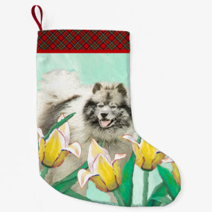 Keeshond in Tulips Malerei Niedliche Original Hund Kleiner Weihnachtsstrumpf
