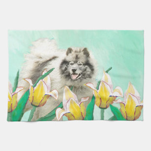 Keeshond in Tulips Malerei Niedliche Original Hund Küchentuch
