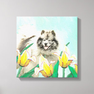 Keeshond in Tulips Malerei Niedliche Original Hund Leinwanddruck