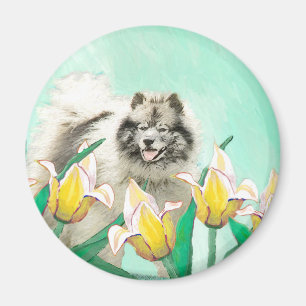 Keeshond in Tulips Malerei Niedliche Original Hund Magnet