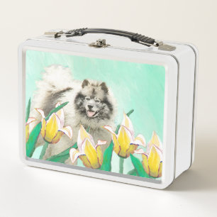 Keeshond in Tulips Malerei Niedliche Original Hund Metall Brotdose