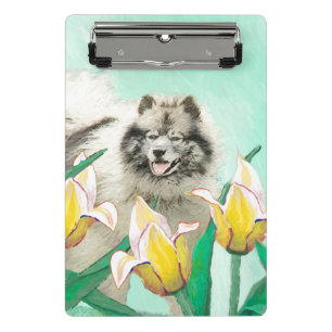 Keeshond in Tulips Malerei Niedliche Original Hund Mini Klemmbrett