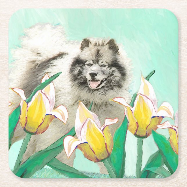 Keeshond in Tulips Malerei Niedliche Original Hund Rechteckiger Pappuntersetzer (Vorderseite)