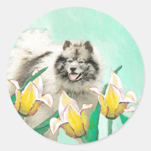 Keeshond in Tulips Malerei Niedliche Original Hund Runder Aufkleber