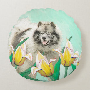 Keeshond in Tulips Malerei Niedliche Original Hund Rundes Kissen