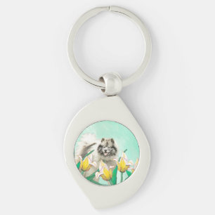 Keeshond in Tulips Malerei Niedliche Original Hund Schlüsselanhänger