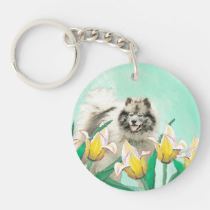 Keeshond in Tulips Malerei Niedliche Original Hund Schlüsselanhänger