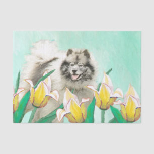 Keeshond in Tulips Malerei Niedliche Original Hund Seidenpapier