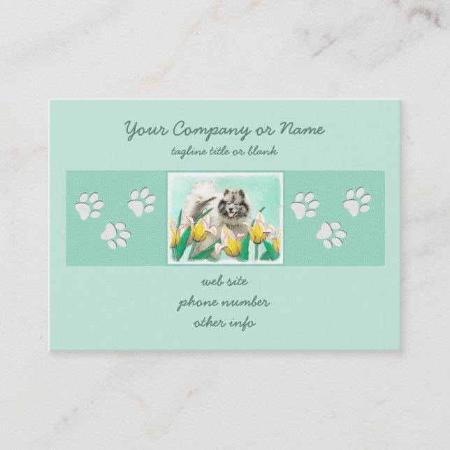 Keeshond in Tulips Malerei Niedliche Original Hund Visitenkarte (Vorderseite)
