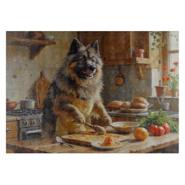 Keeshond Kochen in der Küche Schneidebrett (Vorderseite)