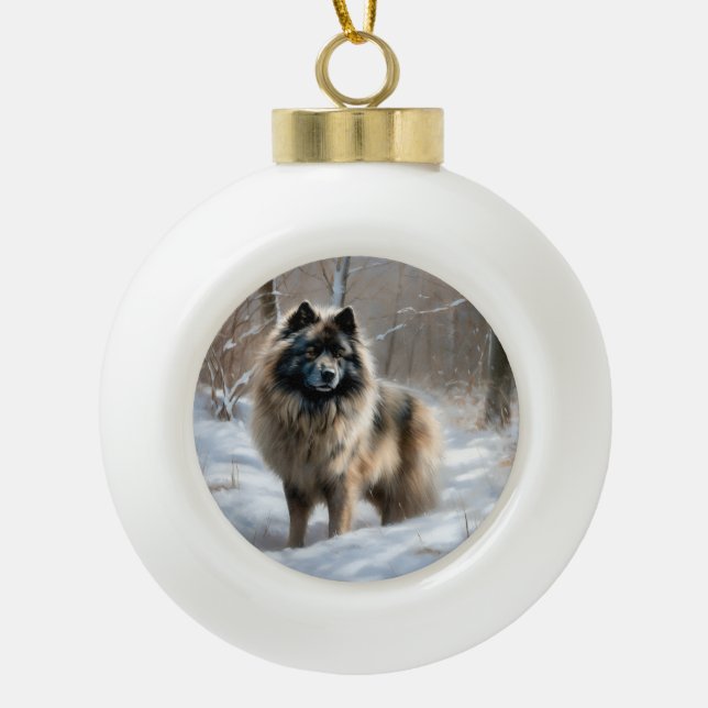 Keeshond lassen es Weihnachten schnee Keramik Kugel-Ornament (Vorderseite)