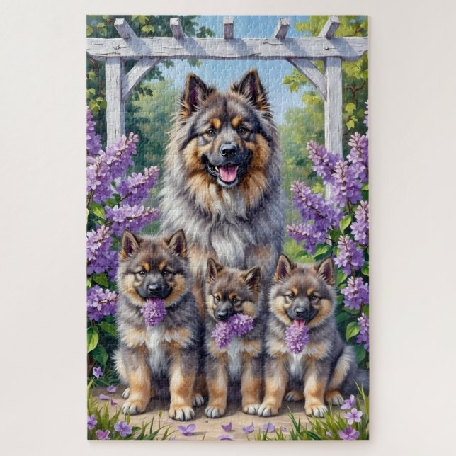 Keeshond-Lilac-Gartengemälde (Vertikal)