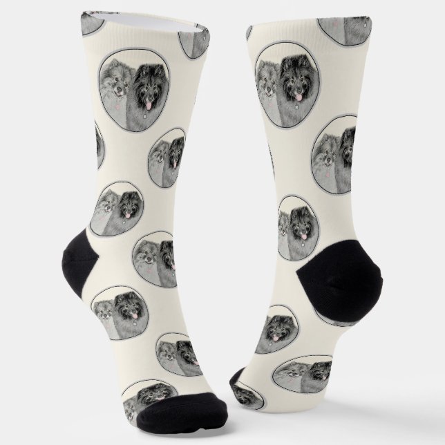 Keeshond Malen 2 Keeshonden Original Hunde Kunst Socken (Gewinkelt)
