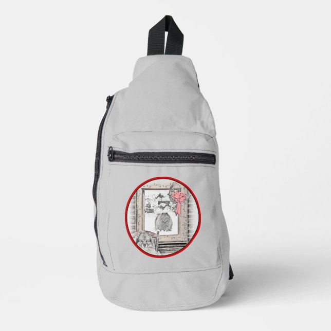 Keeshond Malen Weihnachts-Winter-Fenster Hunde Kun Crossbody Bag (Vorderseite)