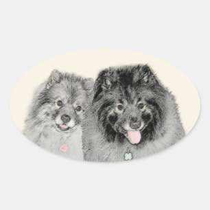 Keeshond Mama and Son Painting - Originelle Hundek Ovaler Aufkleber