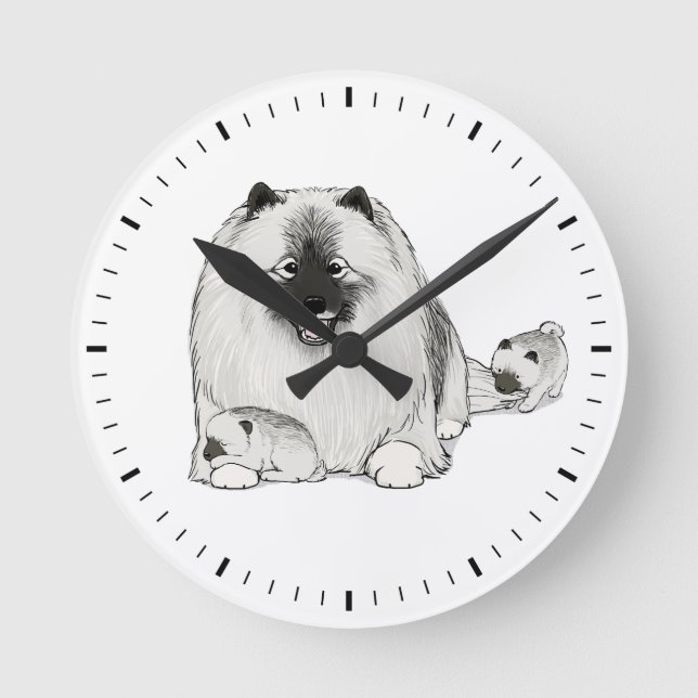 Keeshond mit Puppies Niedlich Keesie Dogs Runde Wanduhr (Vorderseite)
