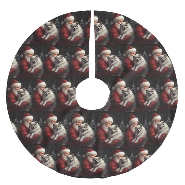 Keeshond mit Weihnachtsfeiern Polyester Weihnachtsbaumdecke (Vorderseite)