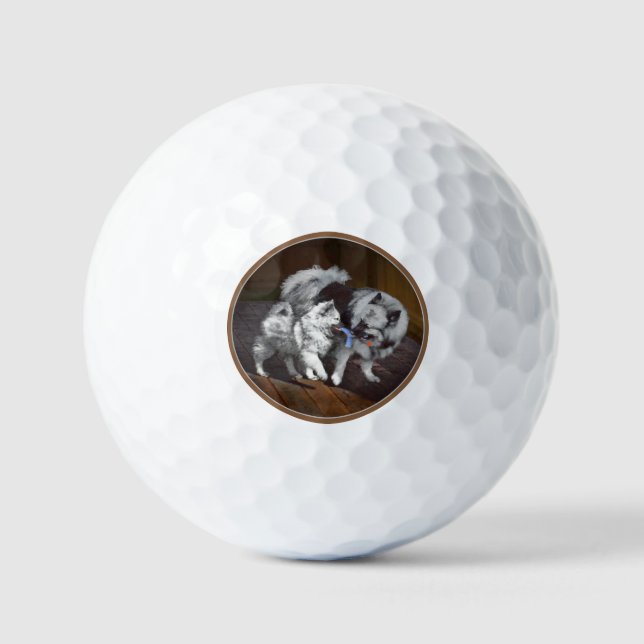 Keeshond Playtime Malerei - Niedliche Original Dog Golfball (Vorderseite)