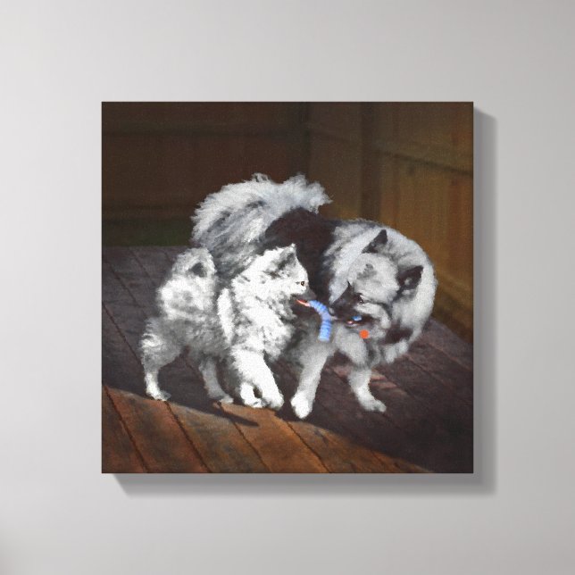 Keeshond Playtime Malerei - Niedliche Original Dog Leinwanddruck (Vorderseite)