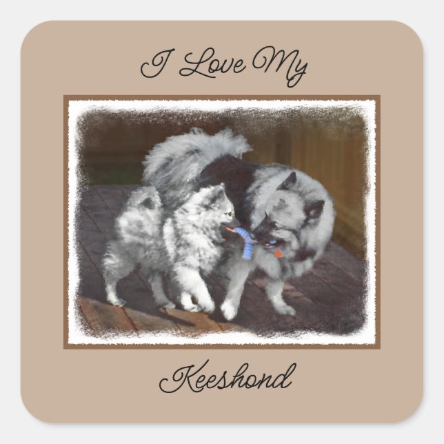 Keeshond Playtime Malerei - Niedliche Original Dog Quadratischer Aufkleber (Vorderseite)