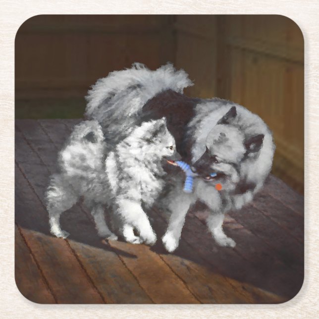 Keeshond Playtime Malerei - Niedliche Original Dog Rechteckiger Pappuntersetzer (Vorderseite)
