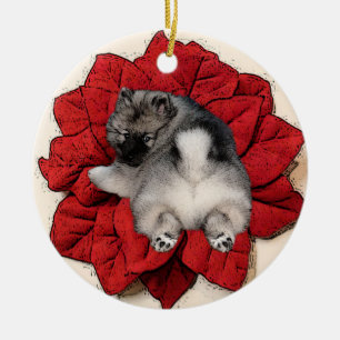 Keeshond-Poinsettia-Welpen-Verzierung Keramik Ornament