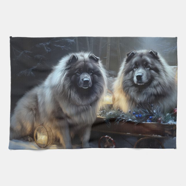 Keeshond Snowy Sleigh Weihnachtsdekor Geschirrtuch (Horizontal)