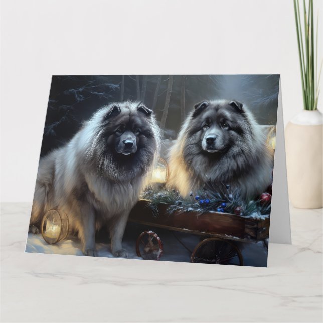 Keeshond Snowy Sleigh Weihnachtsdekor Karte (Vorderseite)
