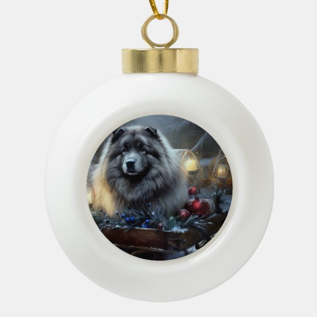 Keeshond Snowy Sleigh Weihnachtsdekor Keramik Kugel-Ornament (Vorderseite)
