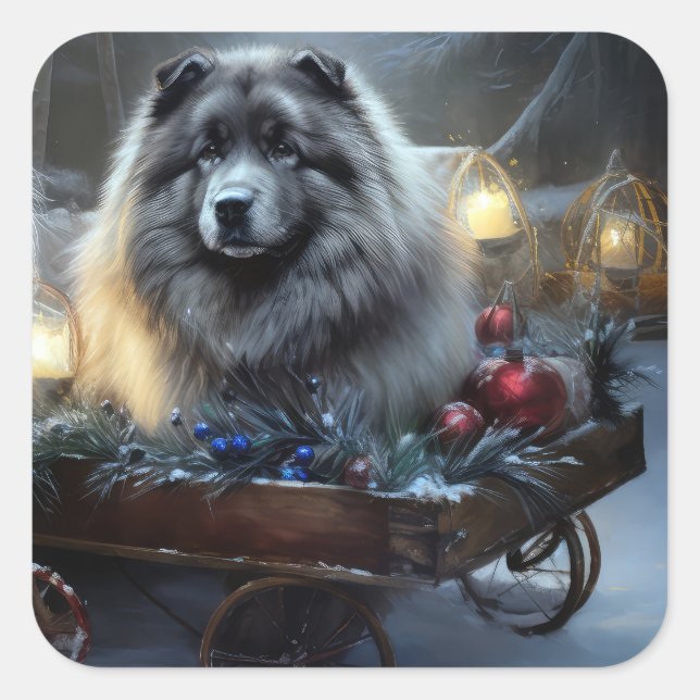 Keeshond Snowy Sleigh Weihnachtsdekor Quadratischer Aufkleber (Vorderseite)