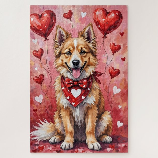 Keeshond Valentinstag Hund sitzt mit Herzen Rot (Vertikal)