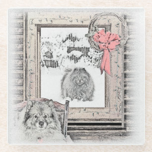 Keeshond Weihnachtsfenster Malerei Hund Kunst Glasuntersetzer