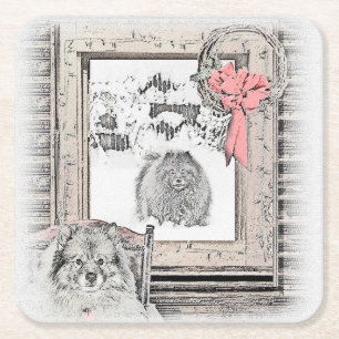 Keeshond Weihnachtsfenster Malerei Hund Kunst Rechteckiger Pappuntersetzer