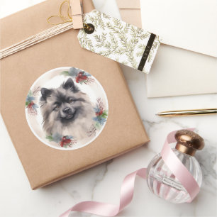 Keeshond-Weihnachtskranz Festlicher Hund Runder Aufkleber