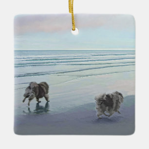 Keeshonds at the Seashore Painting Dog Art Keramikornament