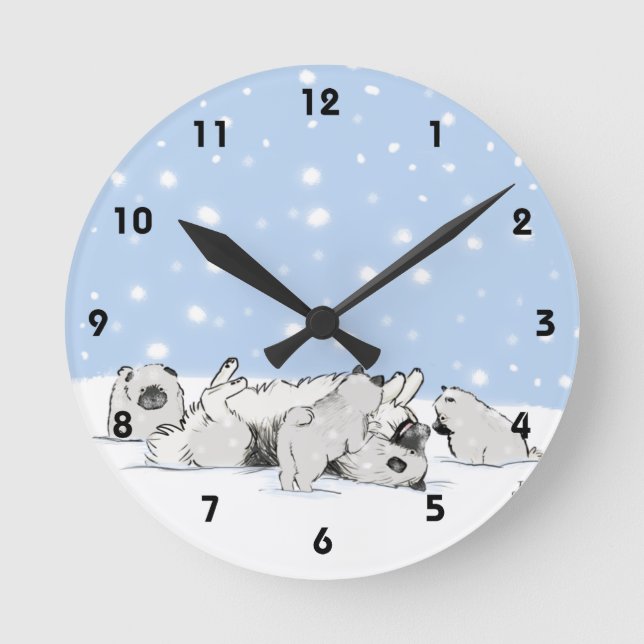 Keesie Snow Dogs - Happy Keeshond mit Welpen Runde Wanduhr (Vorderseite)