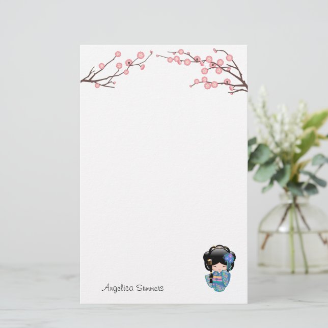 Keiko Kokeshi Doll - Blue Kimono Geisha Girl Briefpapier (Stehend Vorderseite)