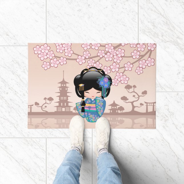 Keiko Kokeshi Doll - Blue Kimono Geisha Girl Fußmatte (Indoor)