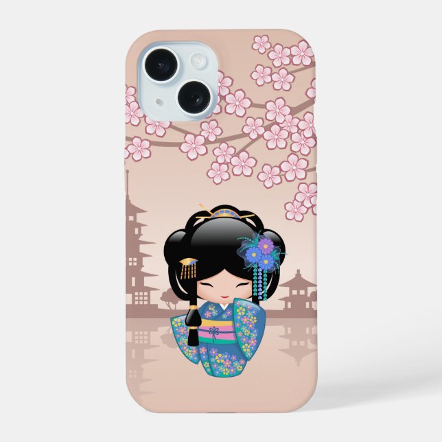 Keiko Kokeshi Doll - Blue Kimono Geisha Girl iPhone 15 Hülle (Rückseite)