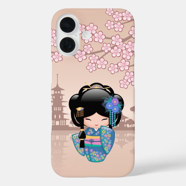 Keiko Kokeshi Doll - Blue Kimono Geisha Girl iPhone 16 Hülle (Rückseite)