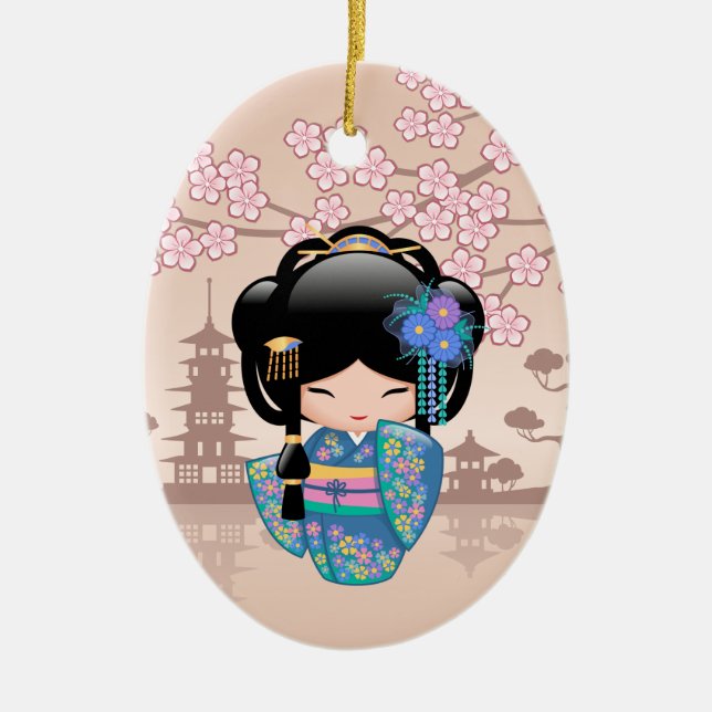 Keiko Kokeshi Doll - Blue Kimono Geisha Girl Keramik Ornament (Vorne)
