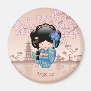 Keiko Kokeshi Doll - Blue Kimono Geisha Girl Magnet