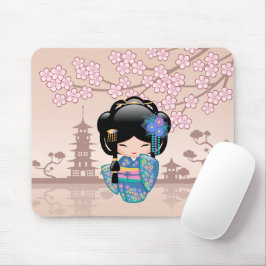 Keiko Kokeshi Doll - Blue Kimono Geisha Girl Mousepad