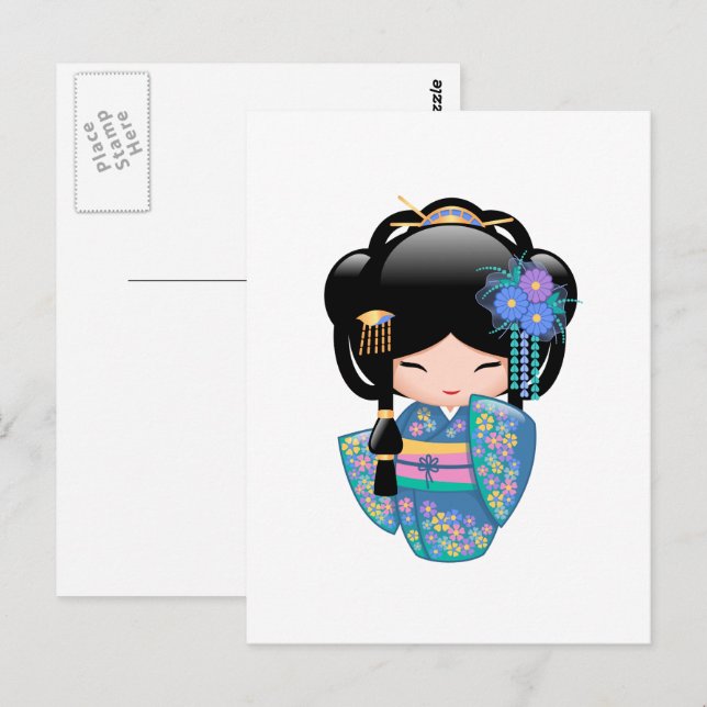 Keiko Kokeshi Doll - Blue Kimono Geisha Girl Postkarte (Vorne/Hinten)