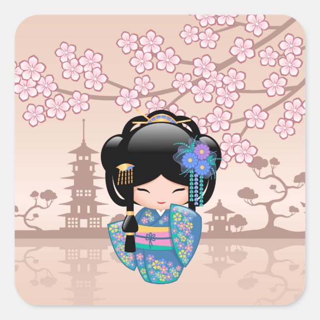 Keiko Kokeshi Doll - Blue Kimono Geisha Girl Quadratischer Aufkleber (Vorderseite)