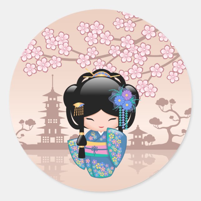 Keiko Kokeshi Doll - Blue Kimono Geisha Girl Runder Aufkleber (Vorderseite)