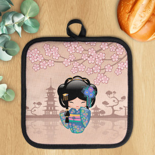 Keiko Kokeshi Doll - Blue Kimono Geisha Girl Topflappen