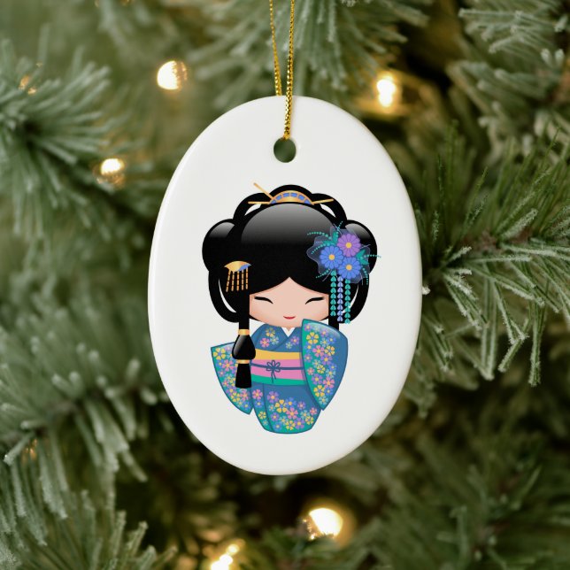 Keiko Kokeshi Doll - Blue Kimono Geisha Keramik Ornament (Baum)