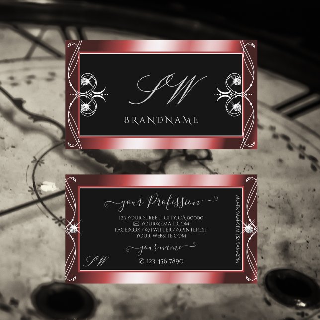 Keilrot-schwarz-glänzende Diamanten Monogramm Visitenkarte (Von Creator hochgeladen)