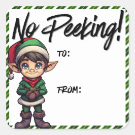Kein Peeking Elf Weihnachtslabel Grün Quadratischer Aufkleber